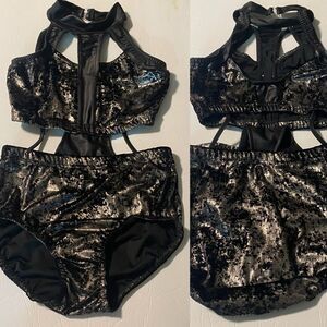 Reverence solo Custom mature faux leather black velvet dance costume leotard SA